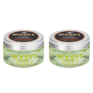 Woody's Pomade: envase frontal con fijación media y brillo natural