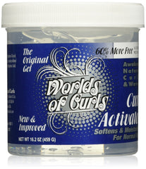 Botella de gel activador de rizos Worlds Of Curls con definición drástica.