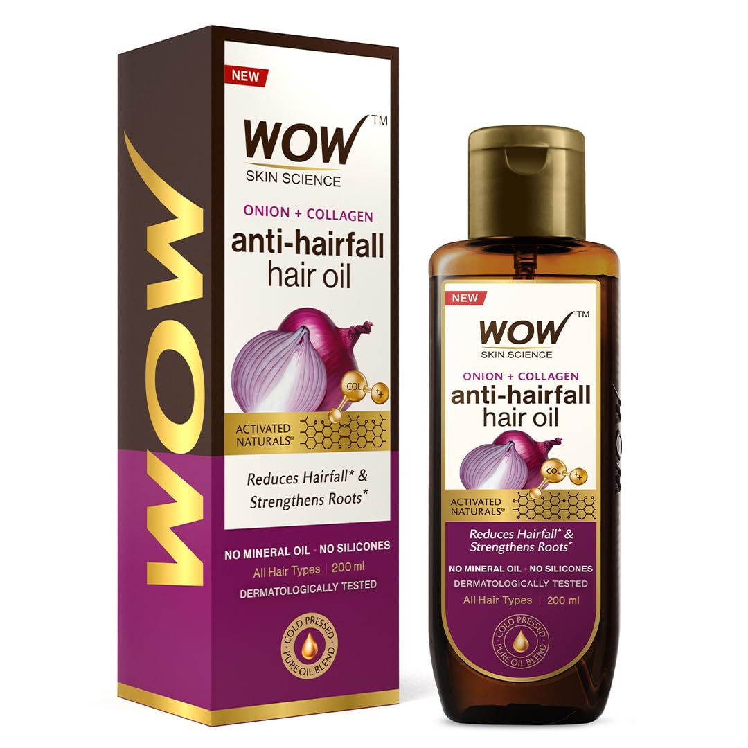 Wow Skin Science aceite de cebolla y semilla negra en botella para hidratación y brillo.