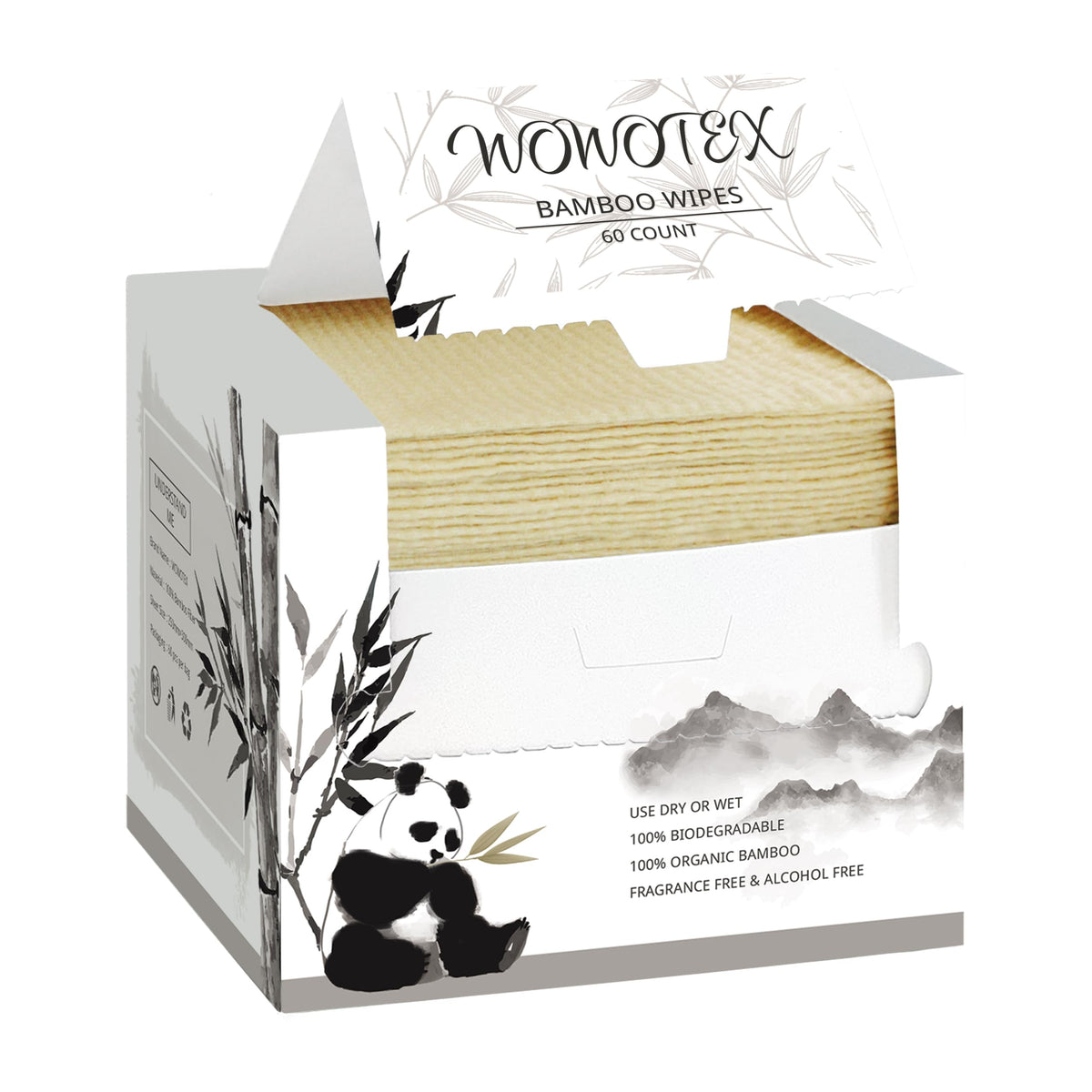 WOWOTEX: toalla desechable bambú-rayón en caja doble, ideal para limpieza facial rápida.