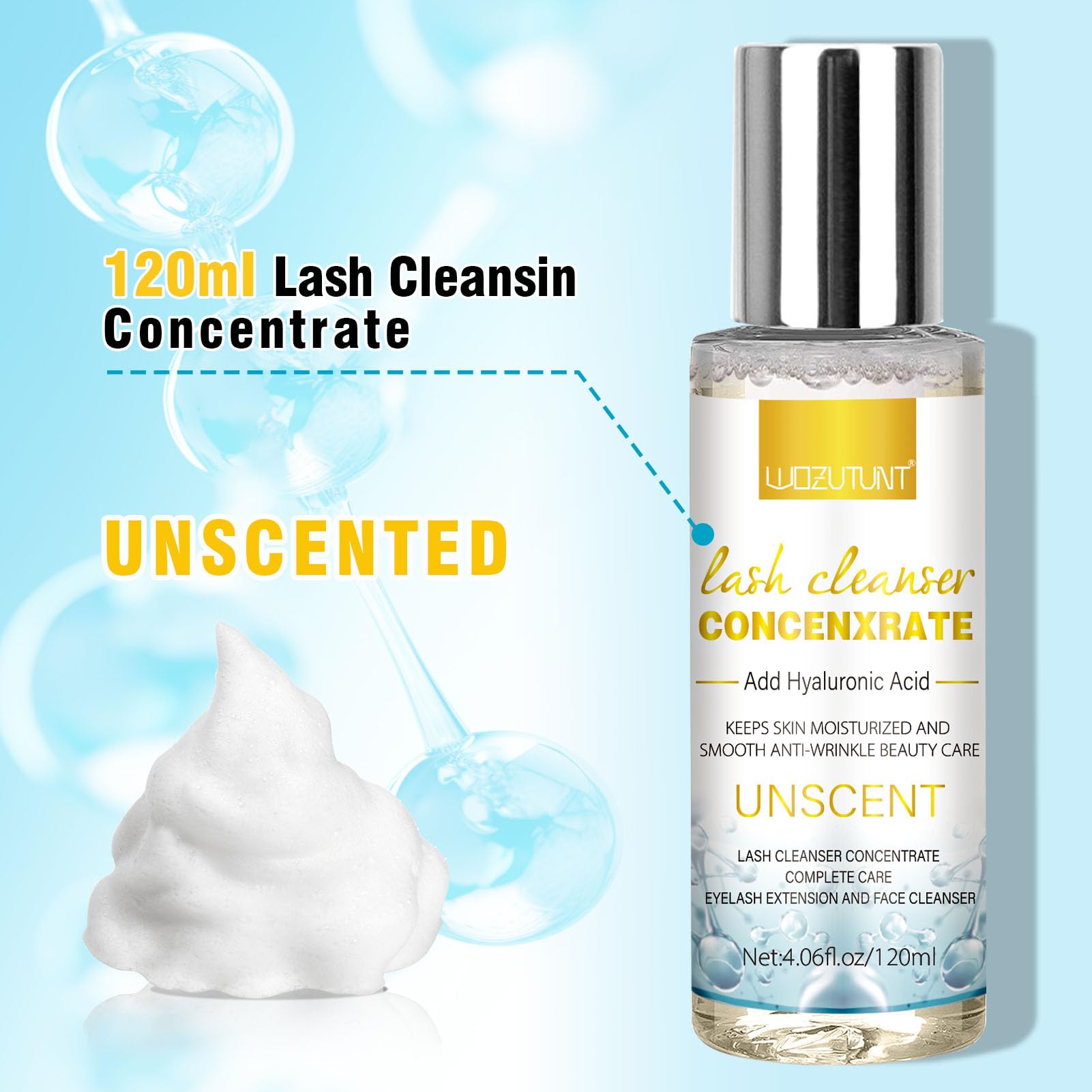 WOZUTUNT Lash Shampoo Concentrate con aplicadores desechables para limpieza suave sin contaminación.