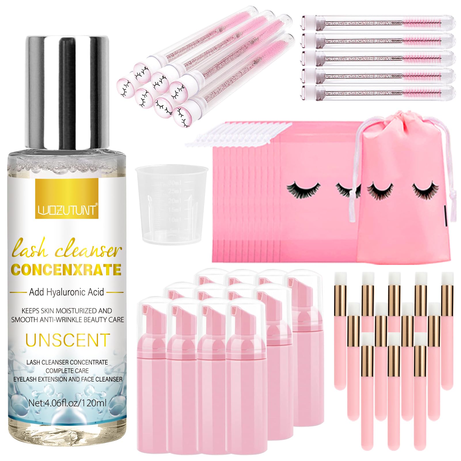 WOZUTUNT Lash Shampoo Concentrate en botella de 120 ml para limpieza profunda de pestañas con extensiones.