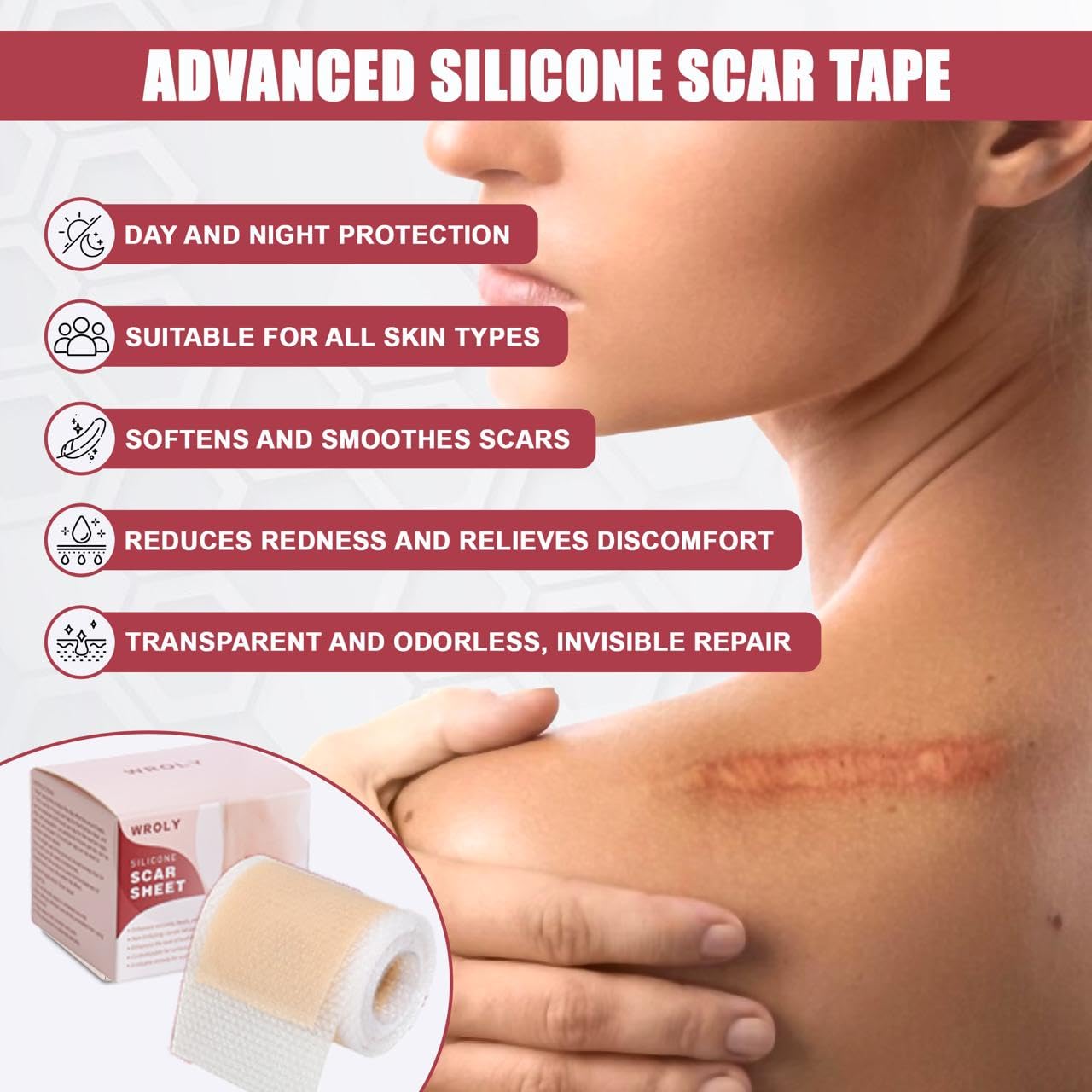 Cinta de silicona WROLY para cicatriz de acné: superficie más lisa con aplicación sostenida