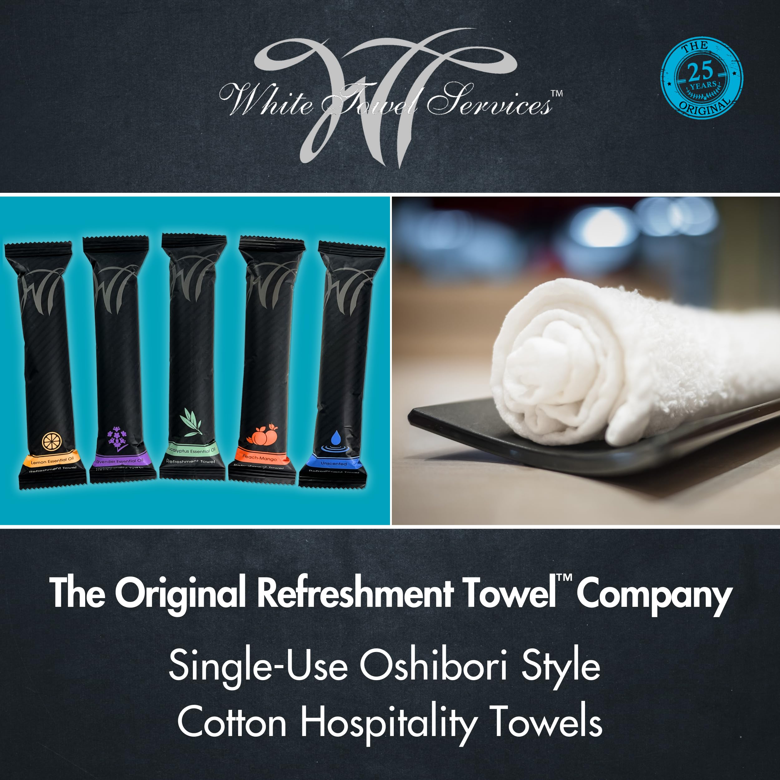 WT White Towel Services: envase individual oshibori con aroma relajante.