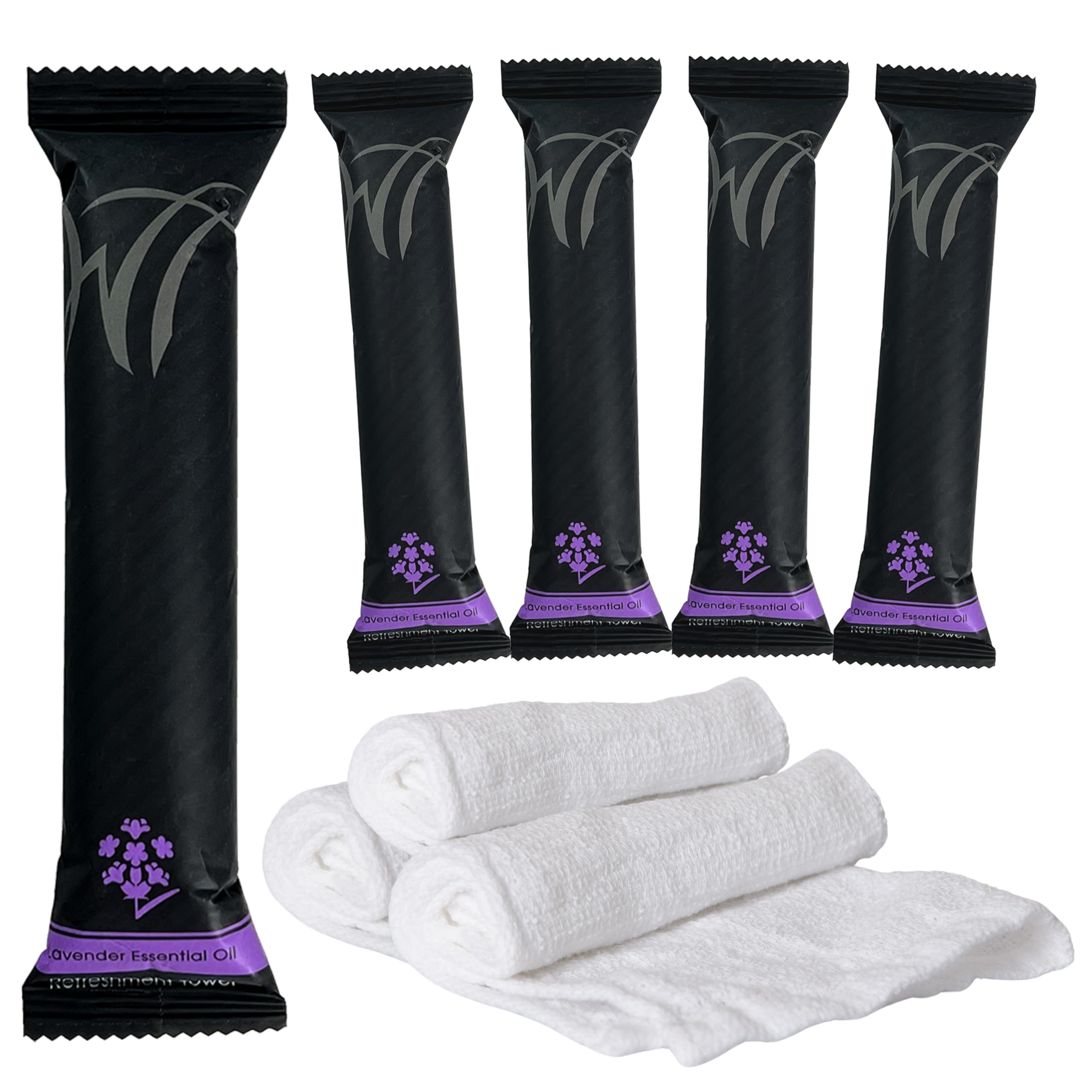 WT White Towel Services: toalla lavanda 8x8 humedecida para uso individual.