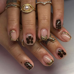 WYFHDT uñas francesas doradas con punta, diseño floral leopardo, ideal para eventos especiales.