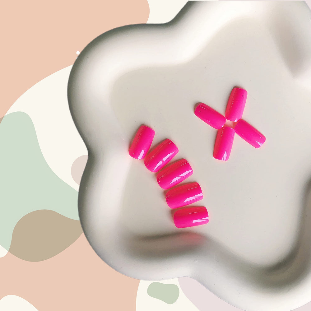 XCREANDO uñas falsas rosa neón con adhesivo, aplicación rápida y segura