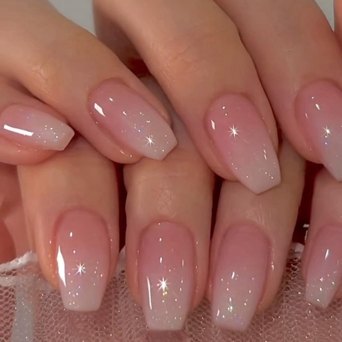 XCREANDO uñas postizas glitter ombre rosa, forma ataúd mediana, acabado deslumbrante para looks elegantes