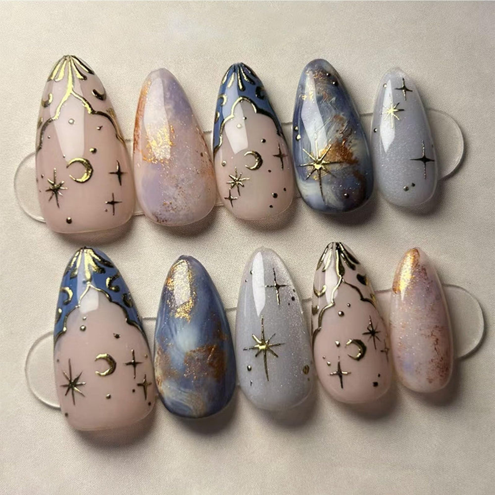 Xenophoer uñas almond con diseño 3D estrellas para look nocturno duradero