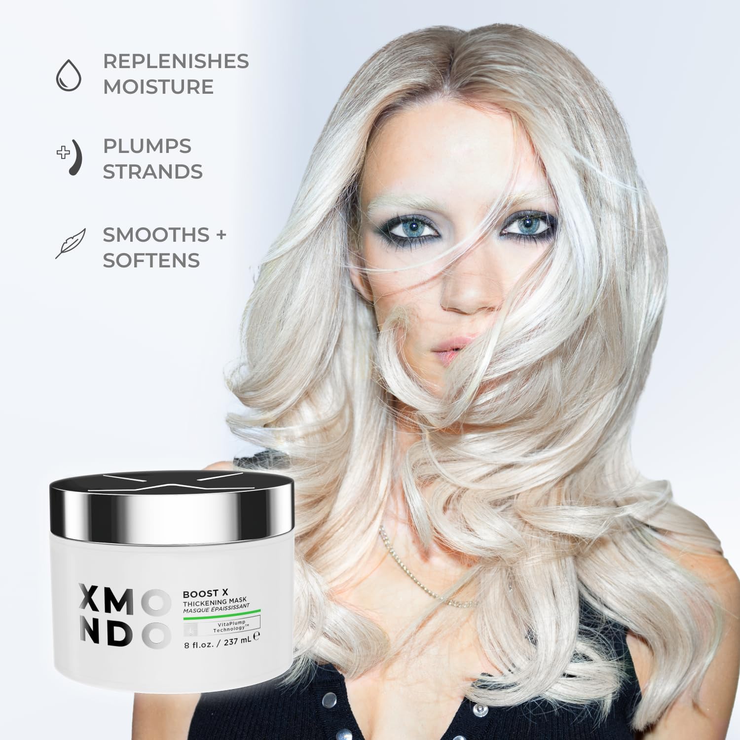 XMONDO Mascarilla aplicada en cabello húmedo para tratamiento reparador.