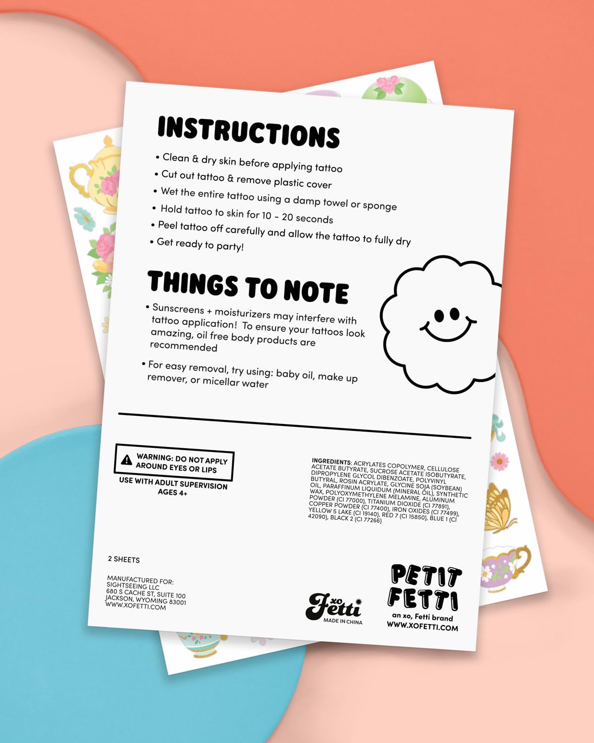 Instrucciones incluidas para facilitar la aplicación de tatuajes xo, Fetti.