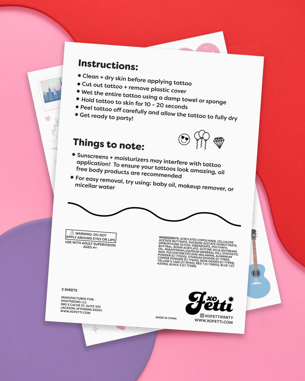 Instrucciones claras para aplicar tatuajes xo Fetti con facilidad.