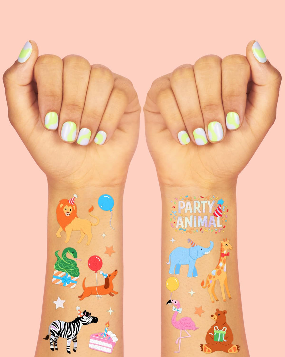 Tatuajes XO Fetti con jirafa y perro, ideal para fiestas