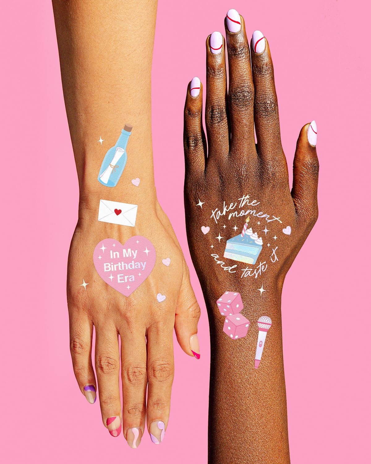 Tatuajes xo Fetti con letras de canciones iridiscentes para karaoke.