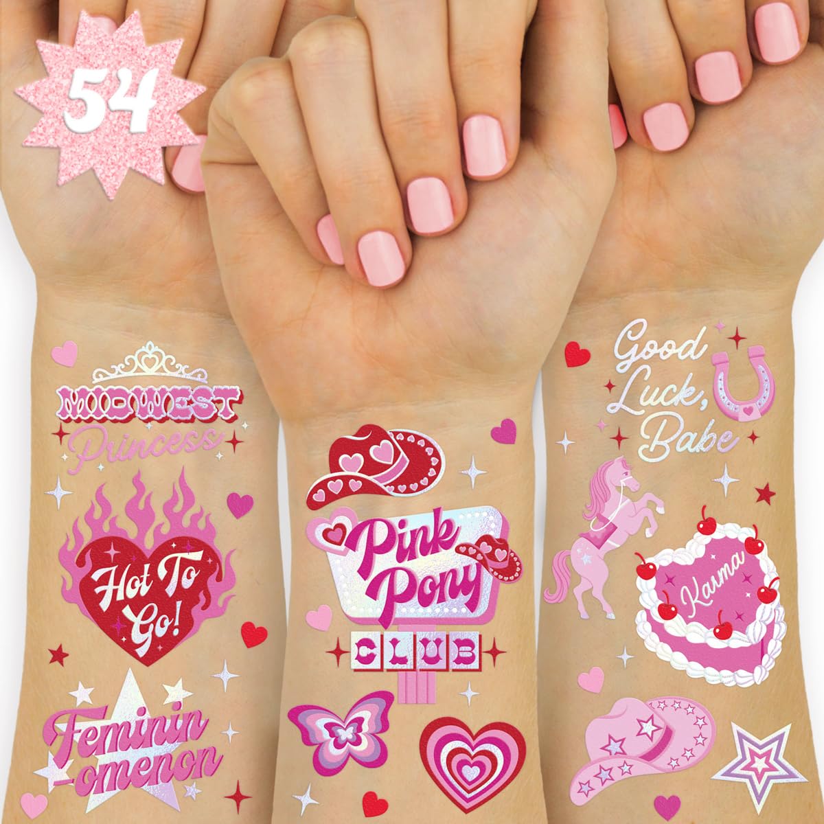 Tatuaje xo Fetti rosa de pony con brillo plateado, ideal para fiestas.