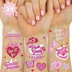 Tatuaje xo Fetti rosa de pony con brillo plateado, ideal para fiestas.