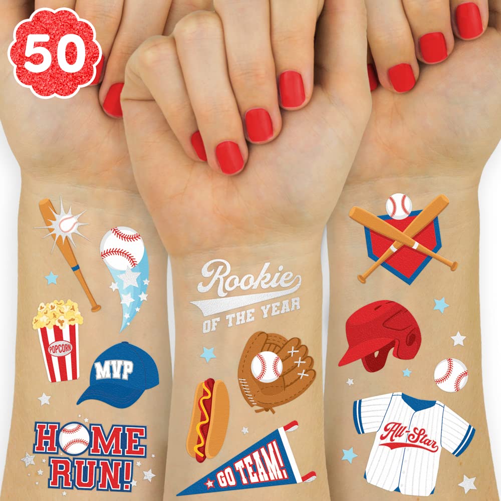 Tatuajes XO Fetti con acabado metalizado de béisbol para fiestas infantiles
