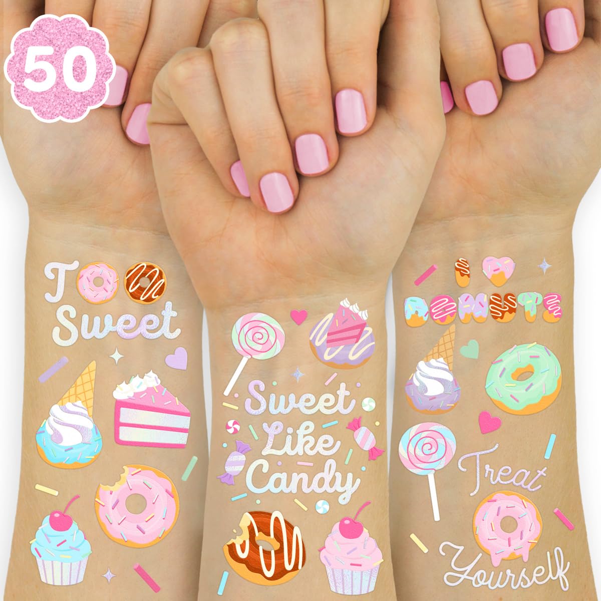 Tatuajes temporales de rosquillas irisadas de xo-fetti, ideales para fiestas infantiles.