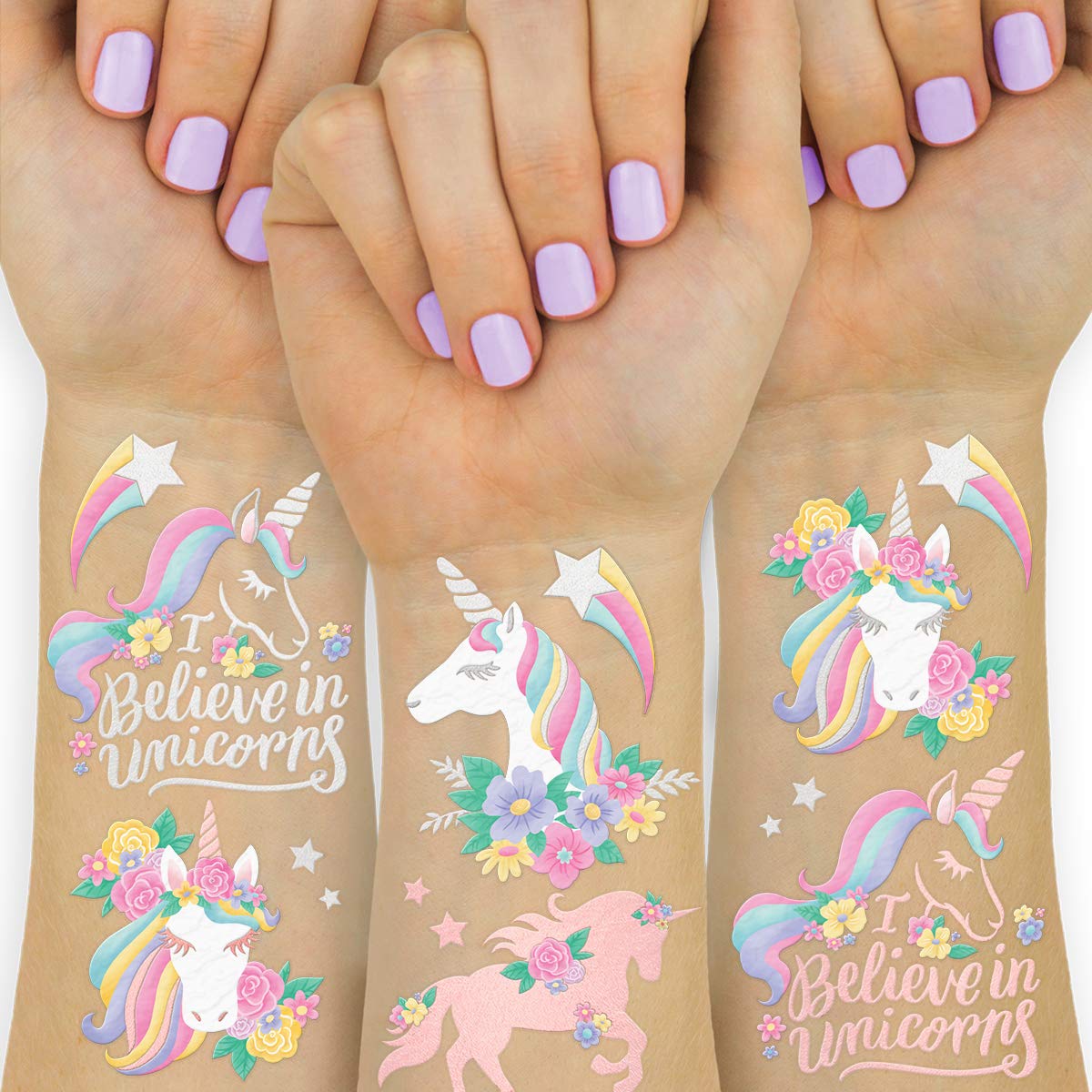 Tatuajes XO Fetti Unicornio: dos hojas con 26 diseños para toda la fiesta.