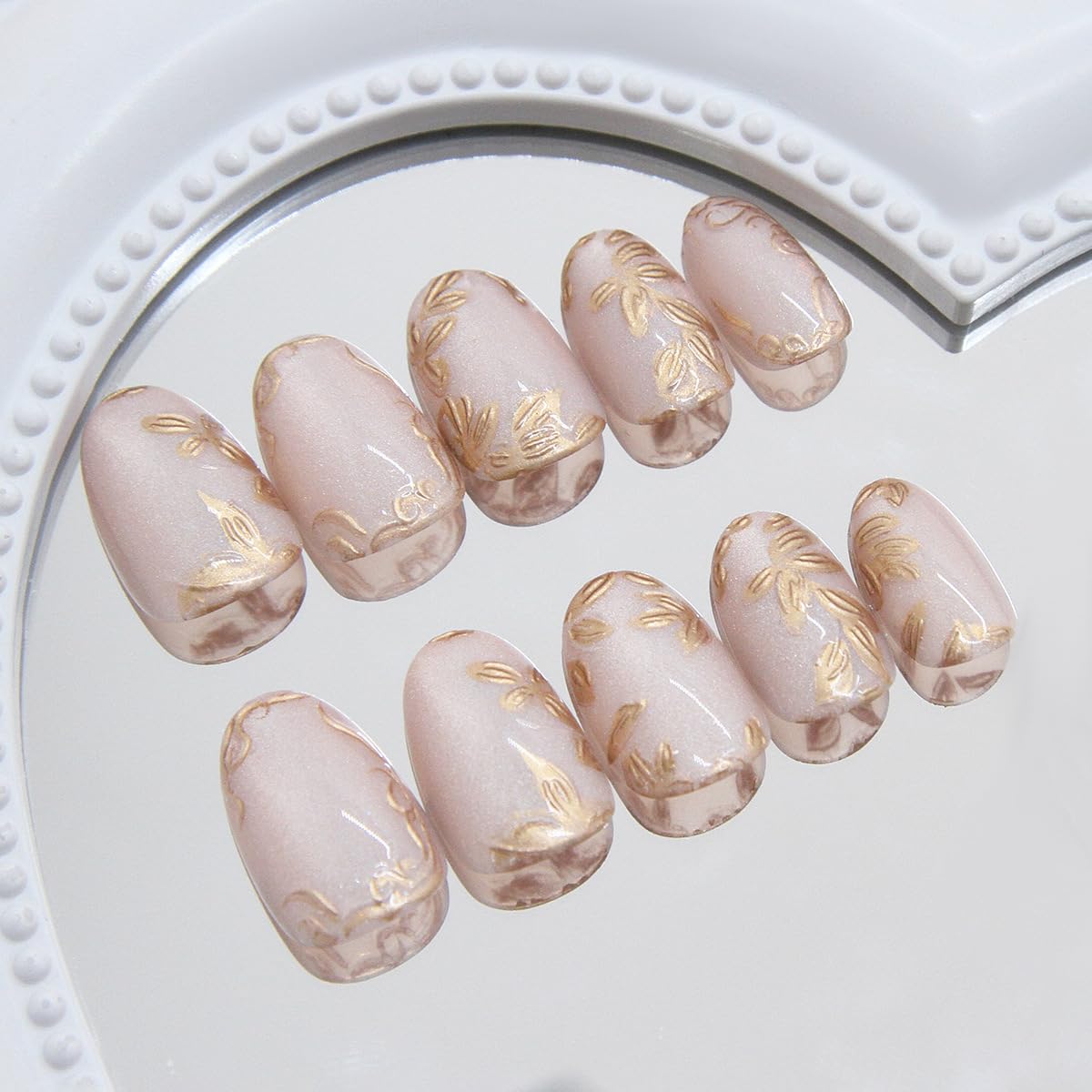 XZMeiLun uñas con diseño frances dorado flor, efecto ojo de gato elegante.