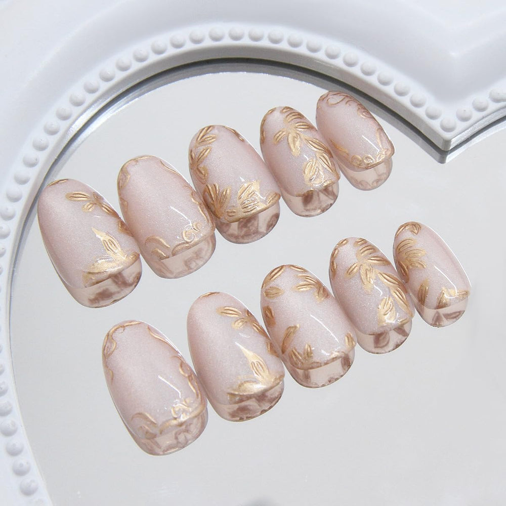 XZMeiLun uñas con diseño frances dorado flor, efecto ojo de gato elegante.