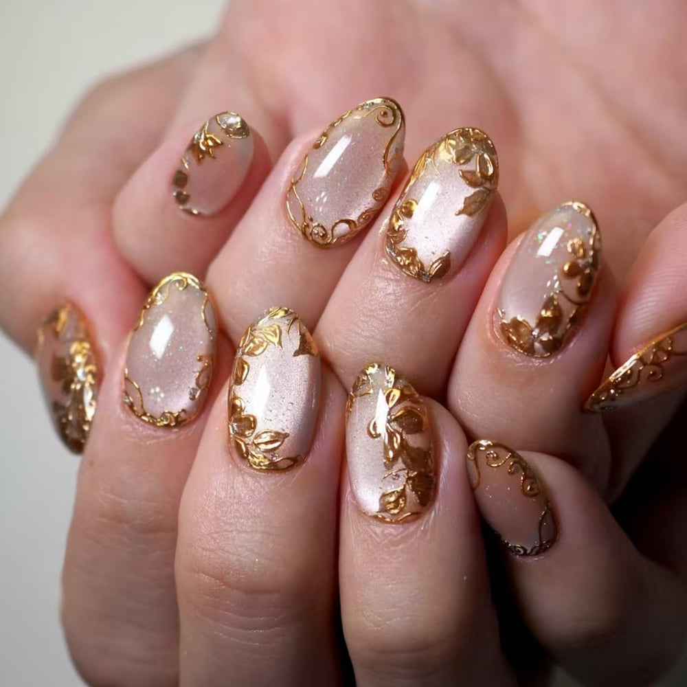 XZMeiLun uñas pegables con hoja de oro en almendra corta, uso diario elegante.