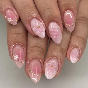 XZMeiLun uñas postizas 3D con flor rosa blanco ombré, ideal para un look diario.