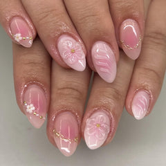 XZMeiLun uñas postizas 3D con flor rosa blanco ombré, ideal para un look diario.