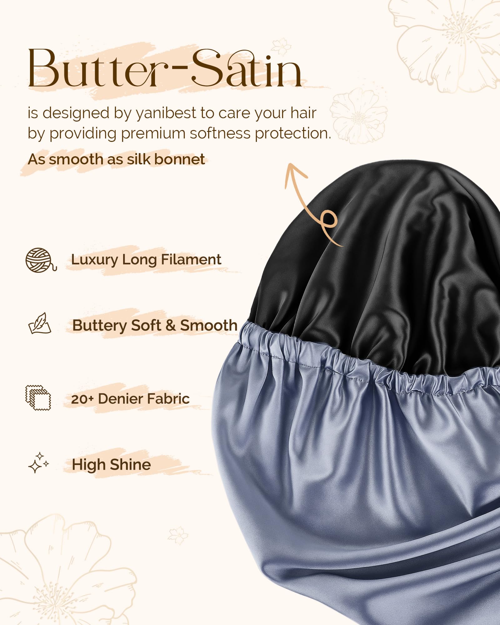 Gorro satinado YANIBEST, banda elástica y cordón para ajuste cómodo