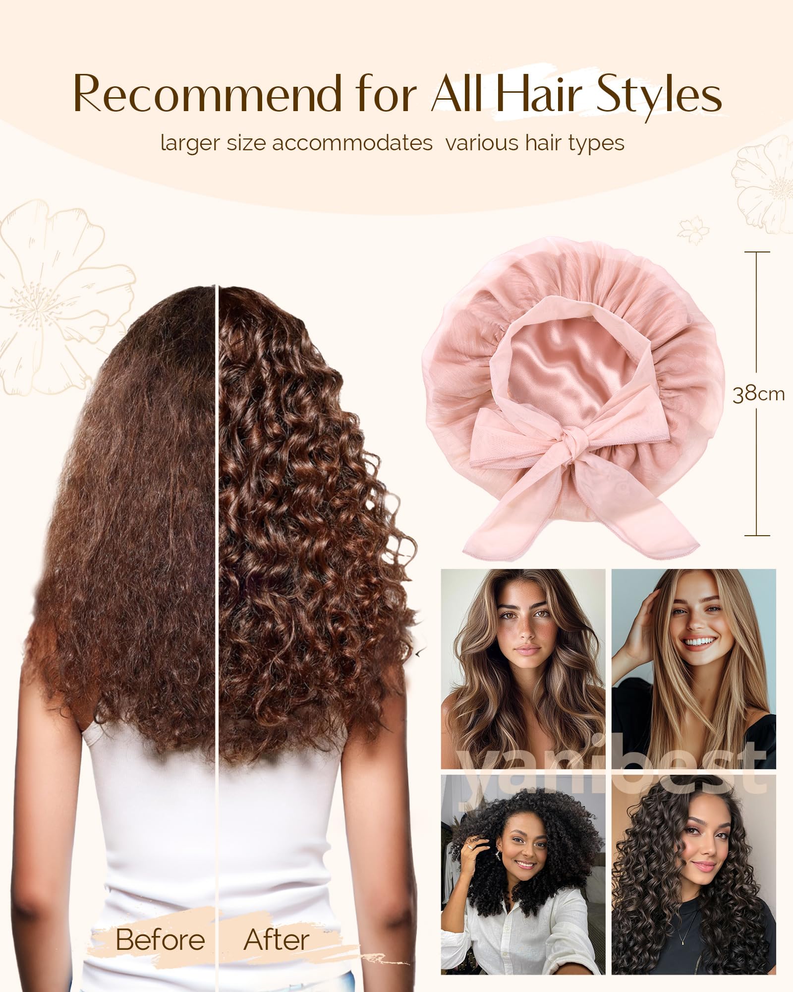YANIBEST bonete rosa de seda transpirable, ideal para cabello rizado.
