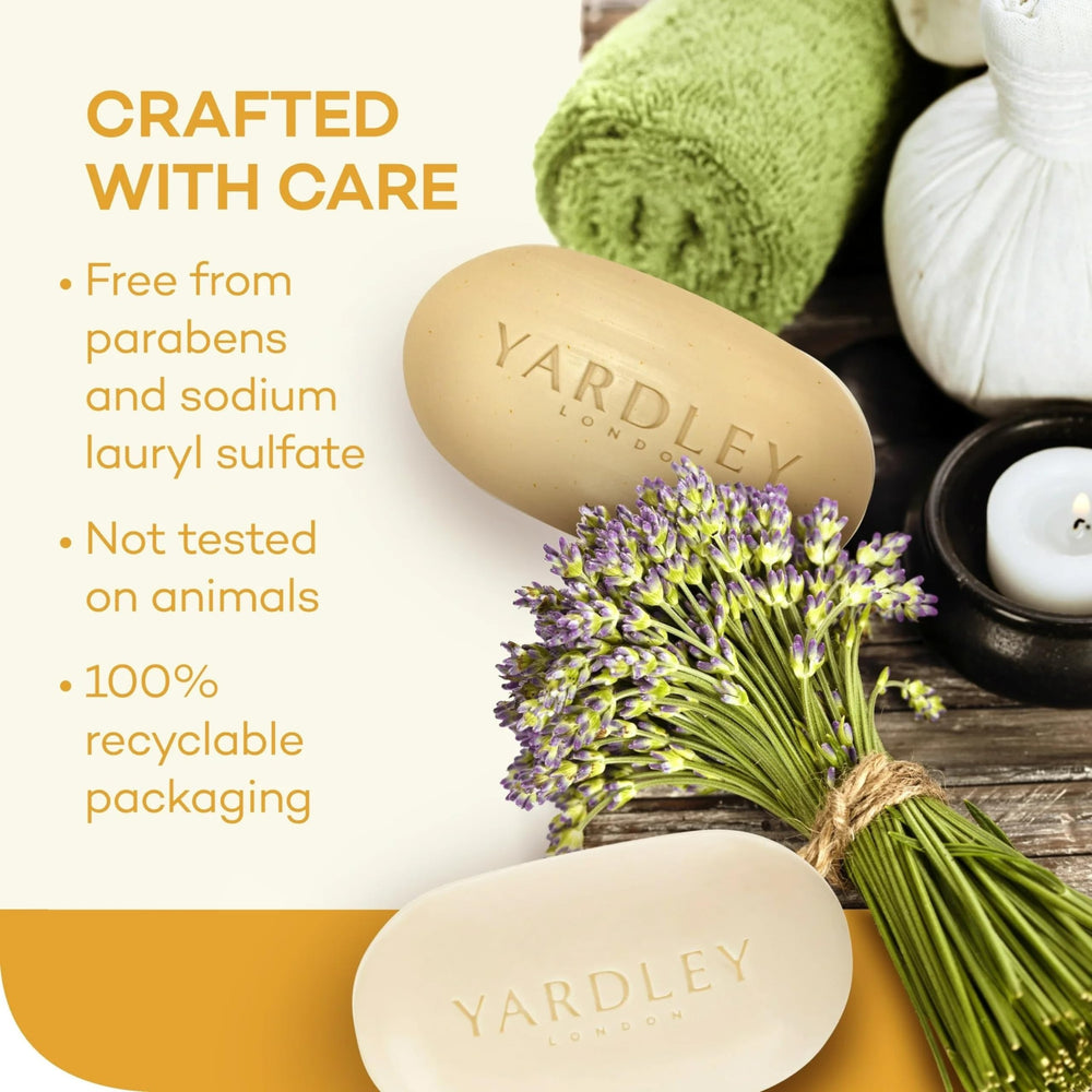 Yardley London barra hidratante avena almendra, hidratación suave al aplicar en la ducha.