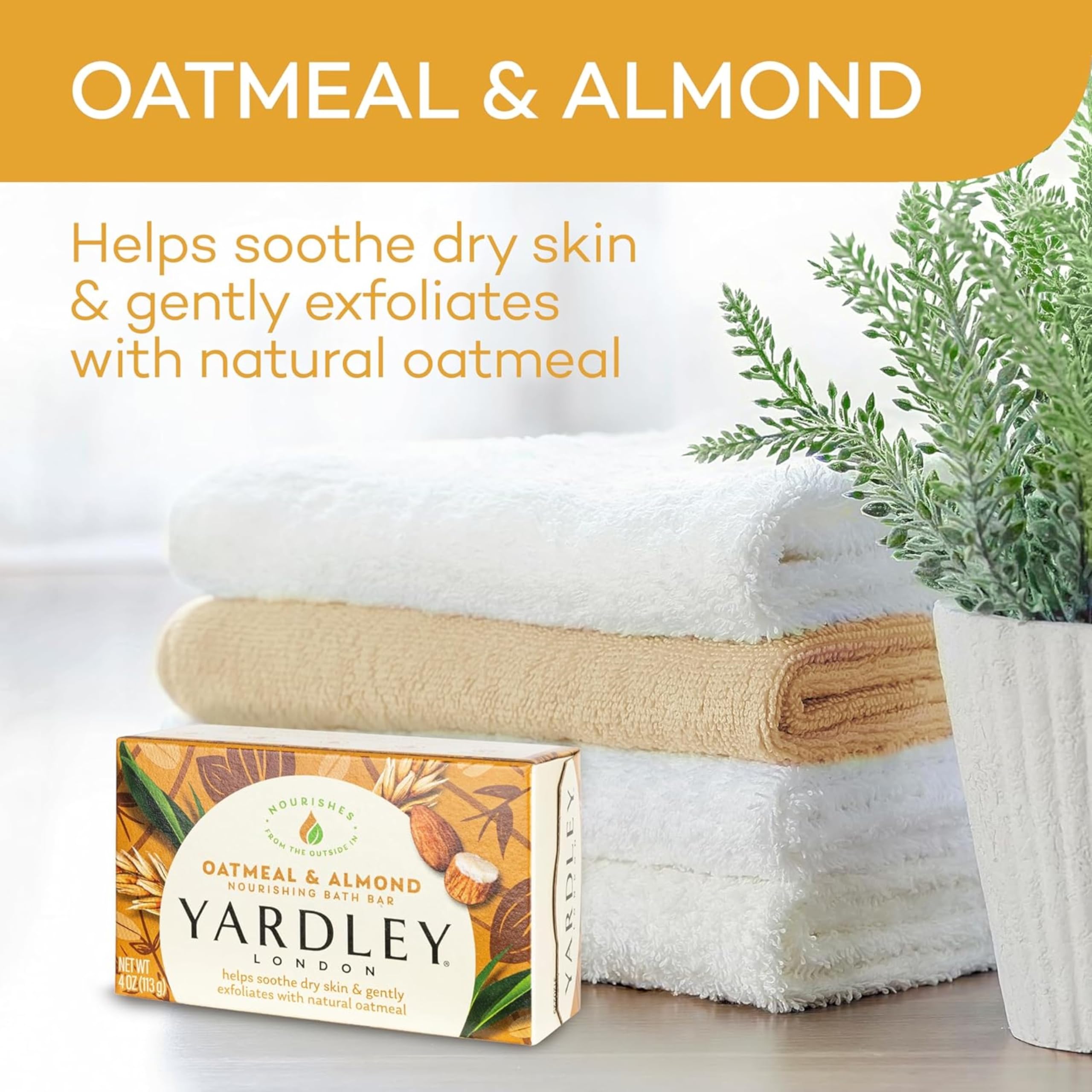 Yardley London barra hidratante avena almendra, textura cremosa ideal para duchas diarias.