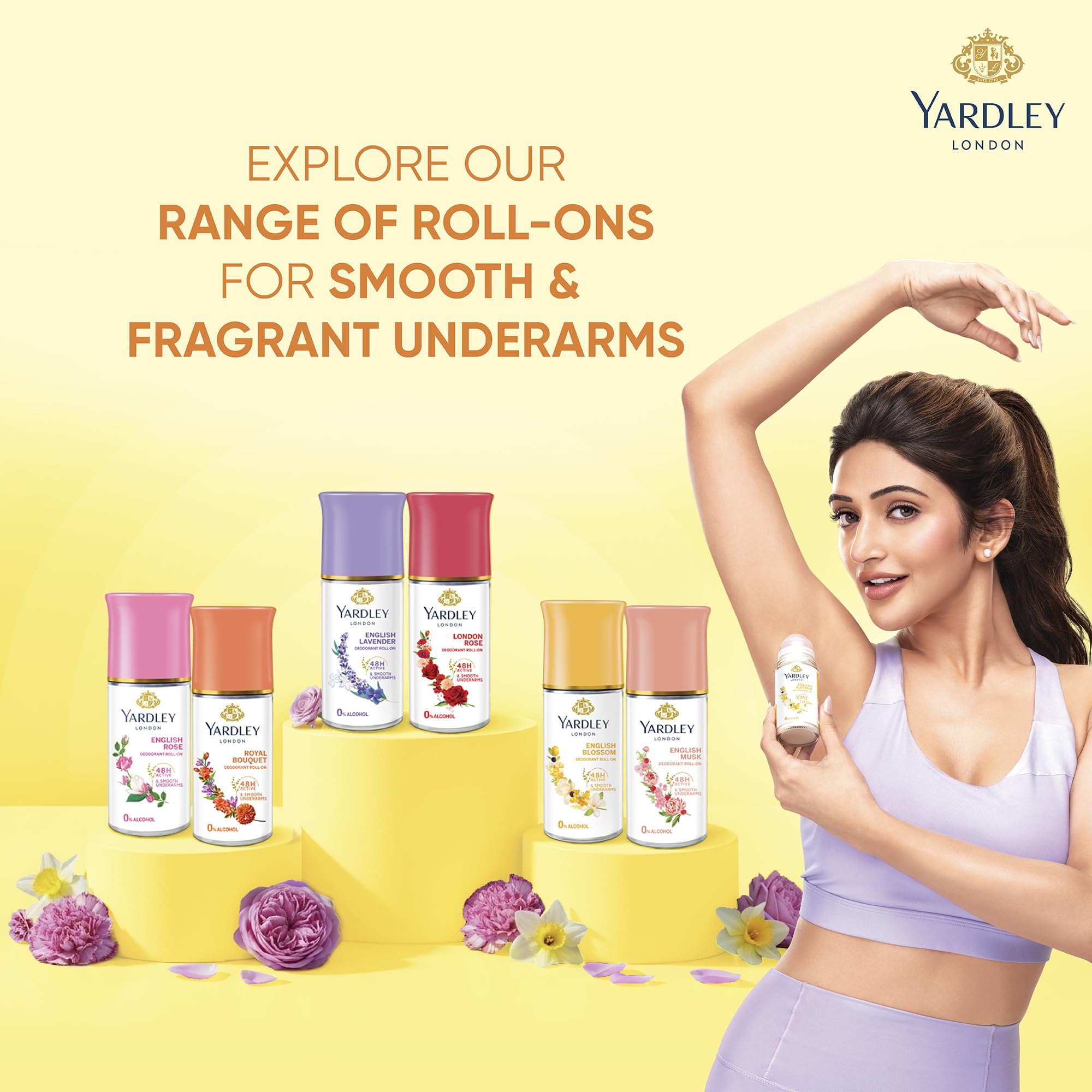 Yardley London English Blossom desodorante rodillo libre de alcohol para piel sensible.