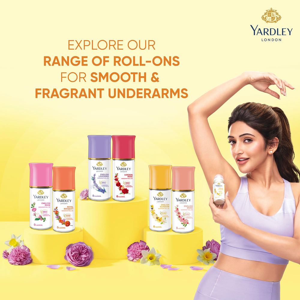Yardley London English Blossom desodorante rodillo libre de alcohol para piel sensible.