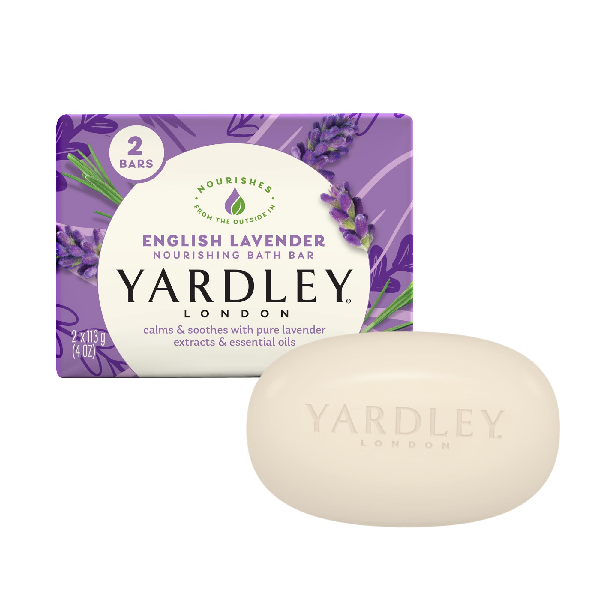 Jabón Yardley London con lavanda inglesa sobre la superficie, aroma calmante.