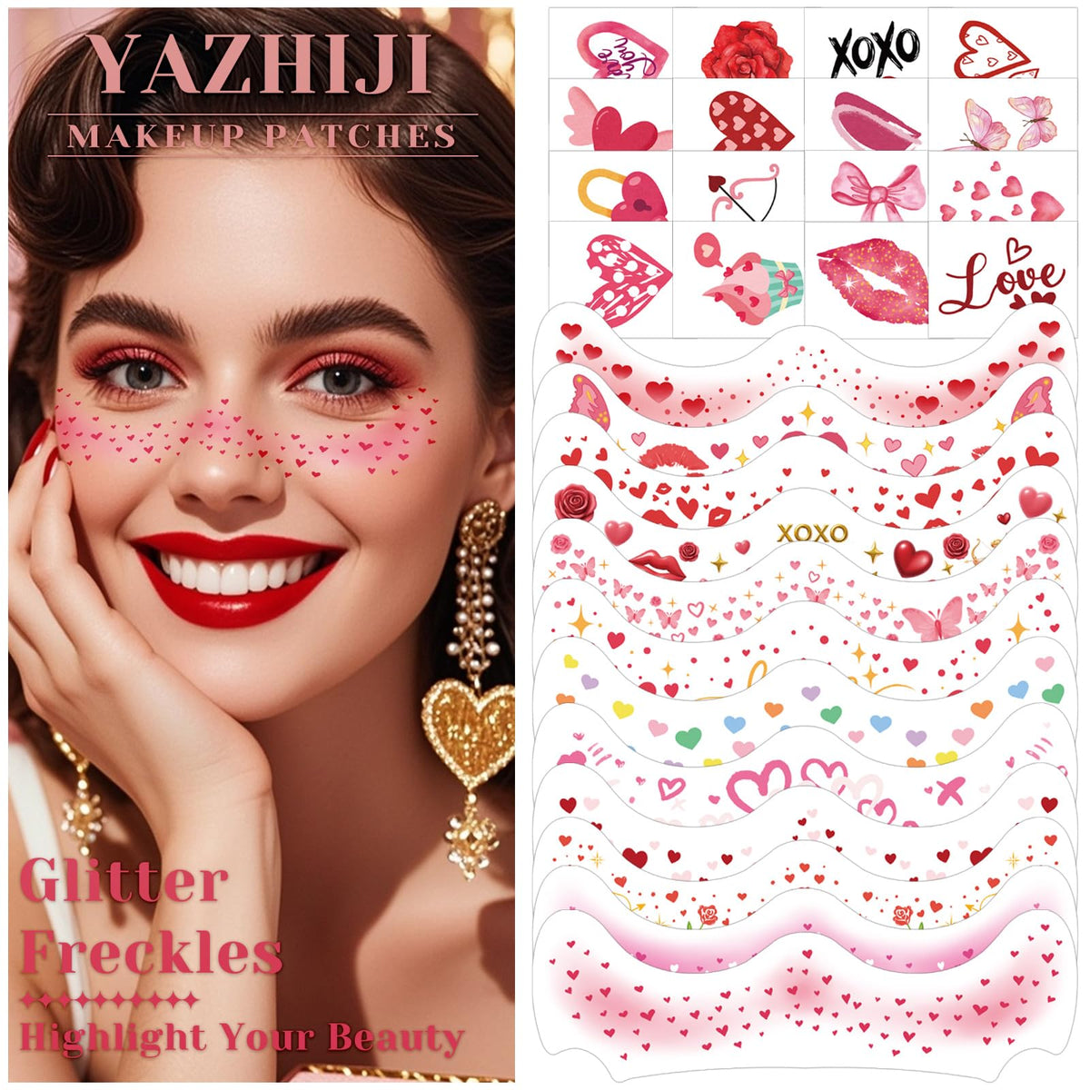 Tatuaje Yazhiji de corazones brillantes en la frente para un aspecto romántico.