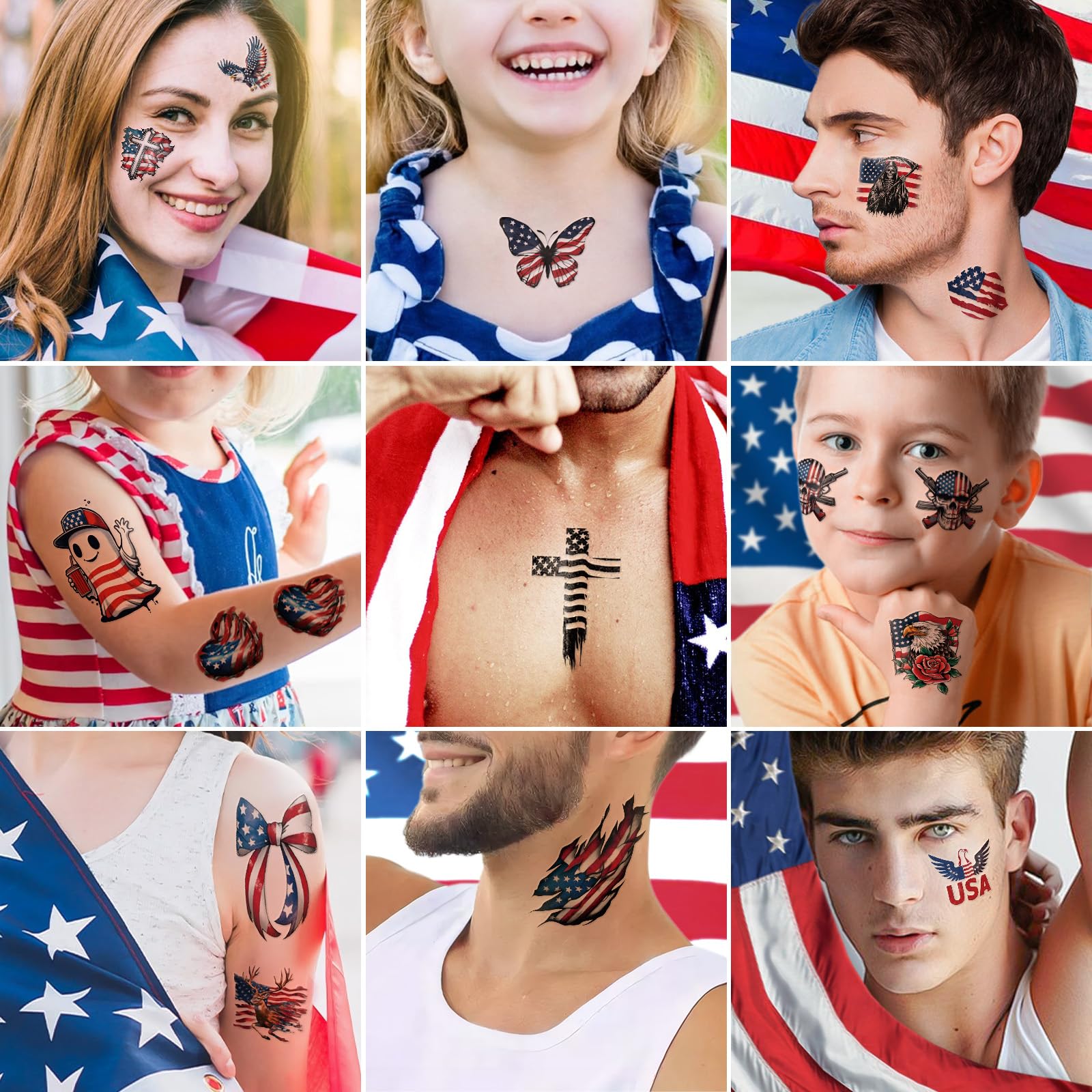 Tatuaje Yazhiji con sombreros patrióticos, fácil de aplicar para un look festivo.
