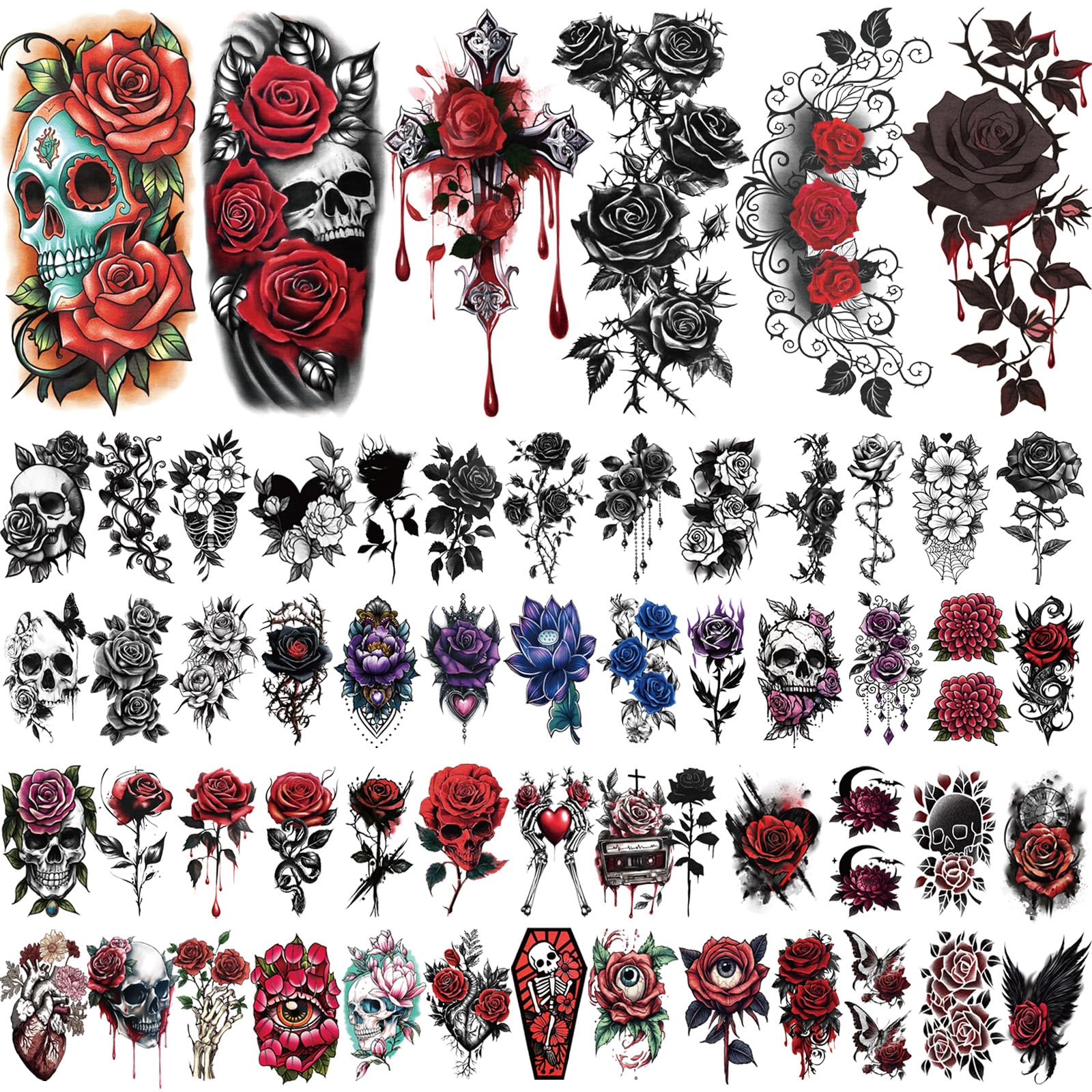 Yazhiji tatuaje temporal grande rosas y huesos para disfraces