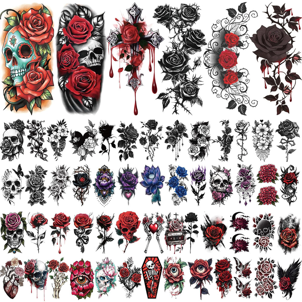 Yazhiji tatuaje temporal grande rosas y huesos para disfraces
