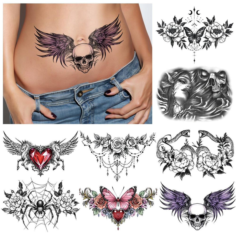 Tatuaje Yazhiji calavera con flor, estilo atrevido para eventos nocturnos