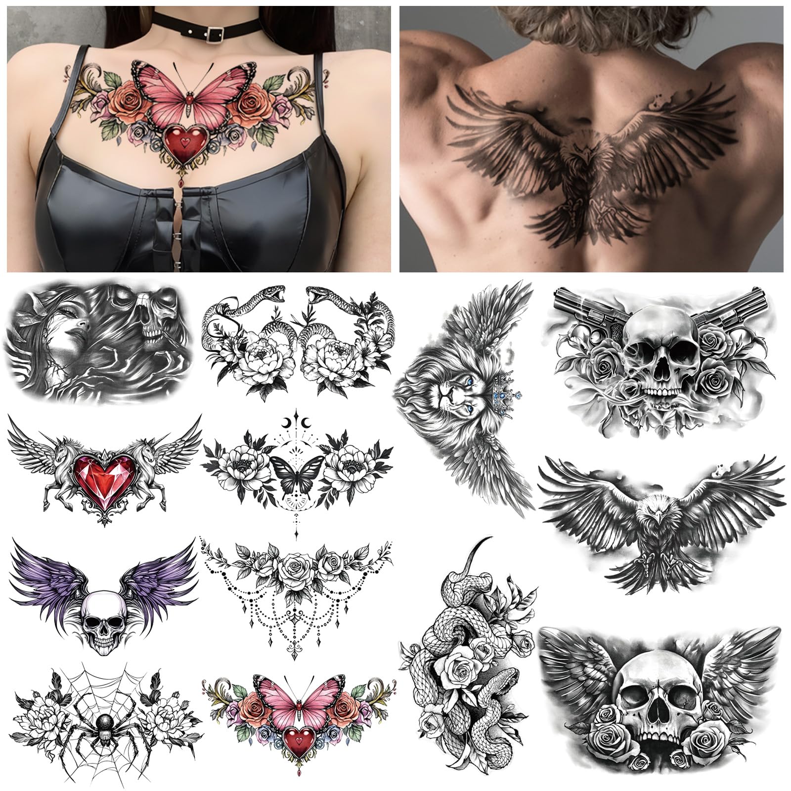 Tatuaje Yazhiji para pecho bajo con rosa y flor, look audaz para fiestas