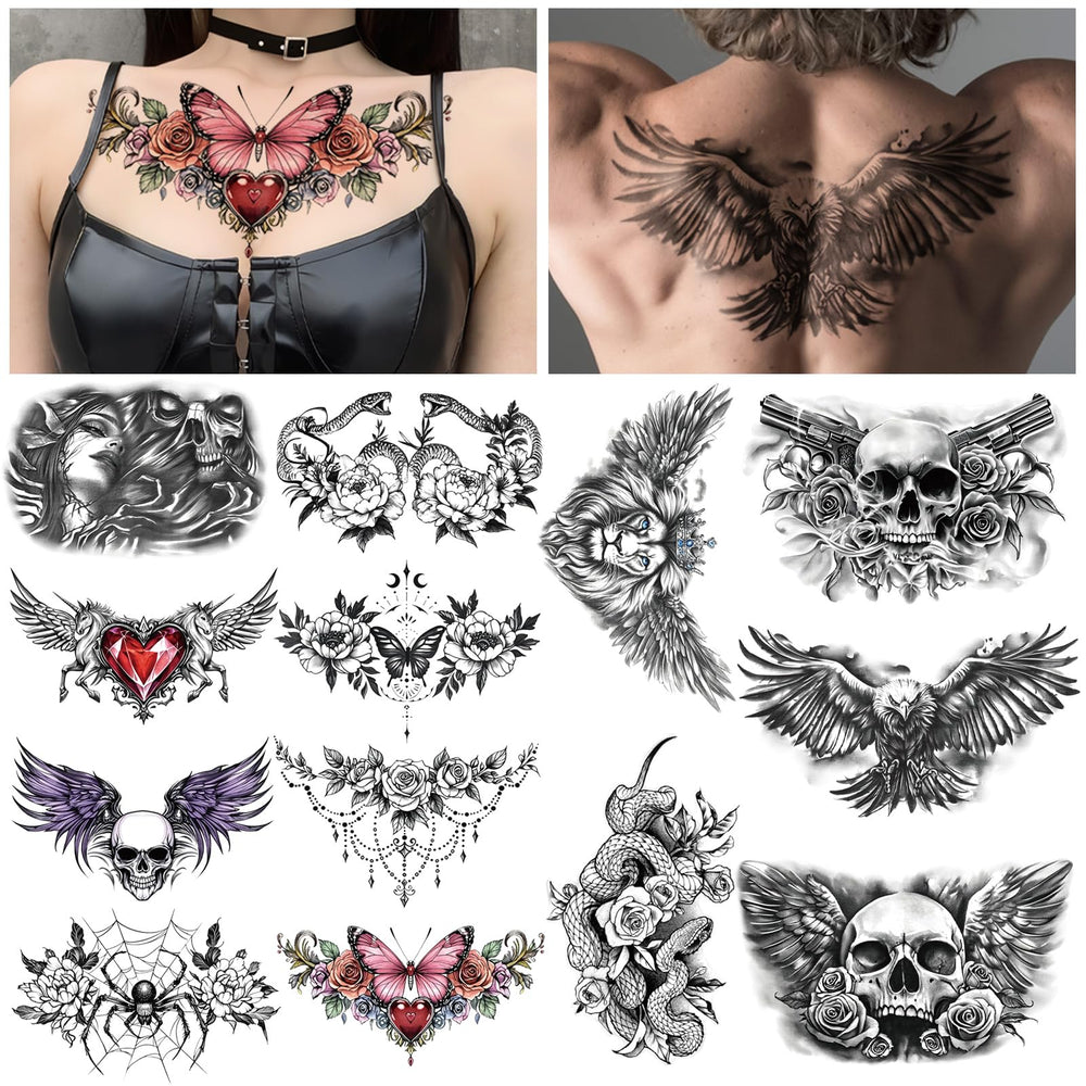 Tatuaje Yazhiji para pecho bajo con rosa y flor, look audaz para fiestas