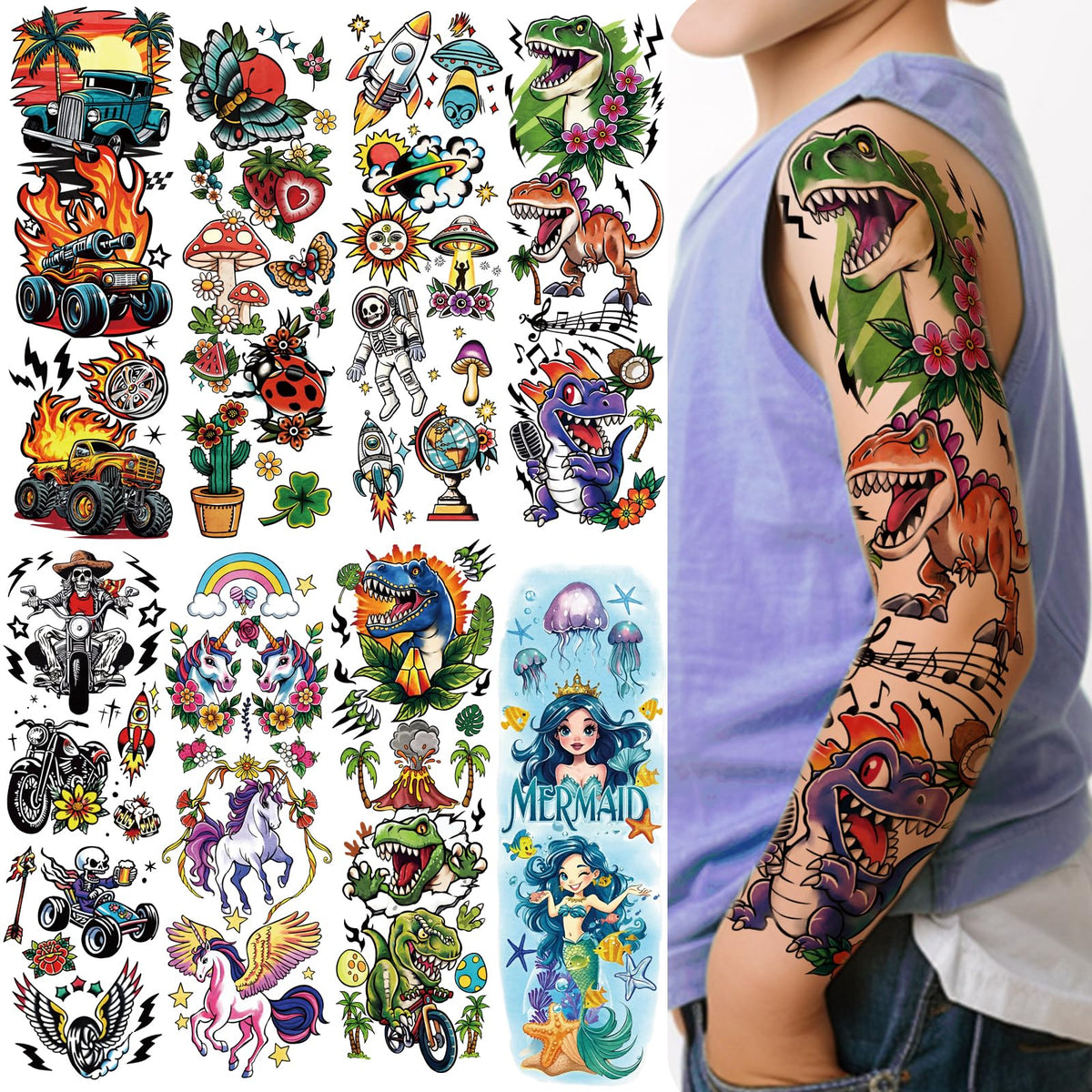 Tatuaje temporal Yazhiji de sirena, colores brillantes para brazos infantiles