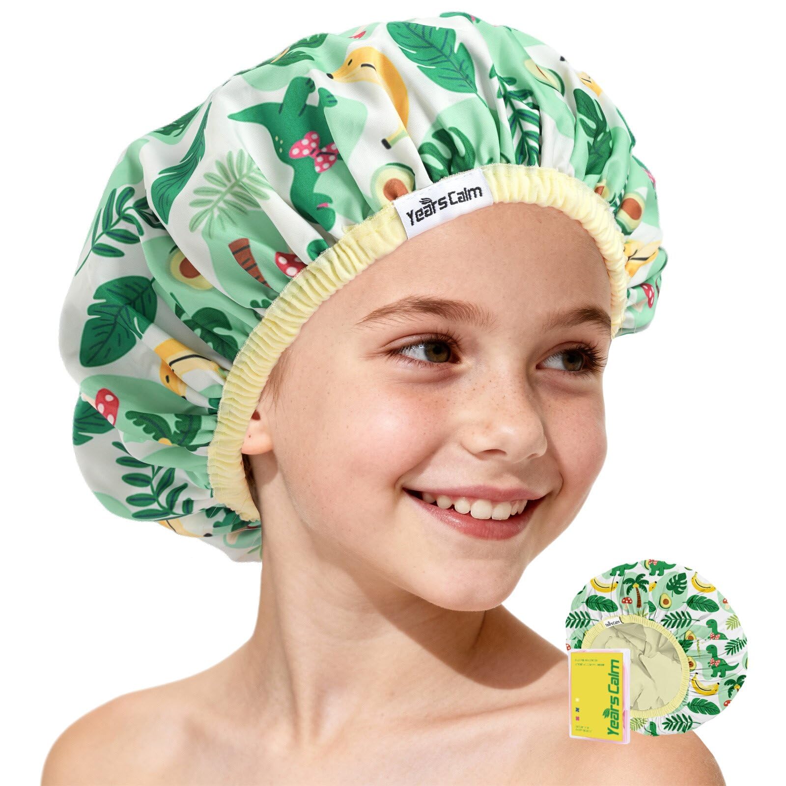 Gorro Years calm con dinosaurio para niños, protegiendo el cabello durante el baño.