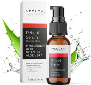YEOUTH Retinol Serum con ácido hialurónico en frasco, hidrata profundamente la piel.