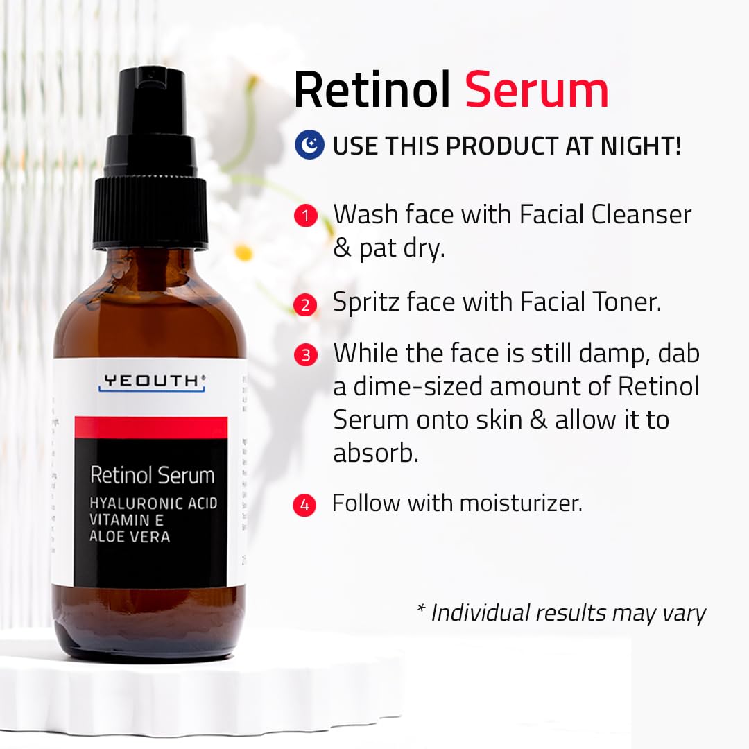 YEOUTH Retinol Serum con ácido hialurónico y vitamina E, aporta hidratación adicional.