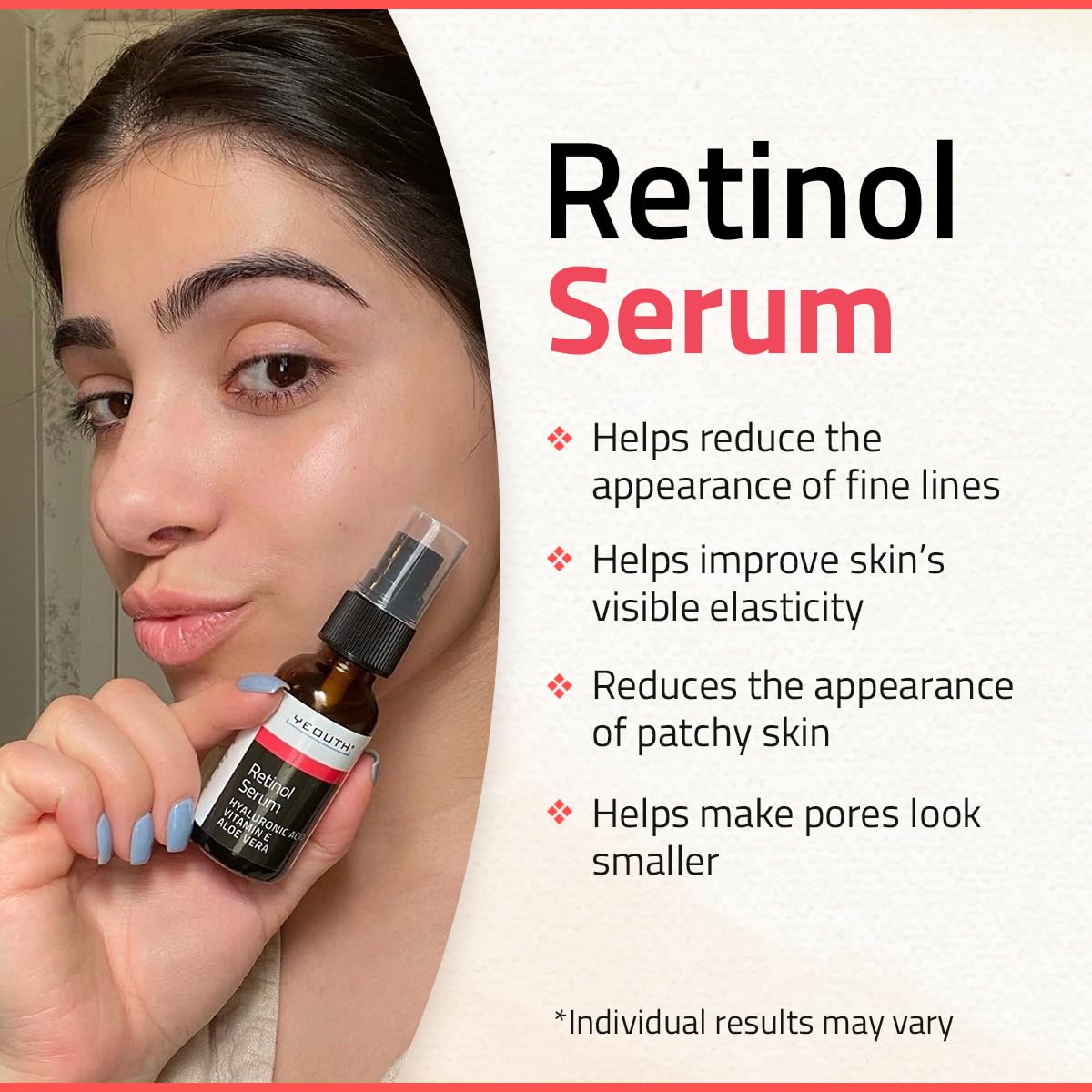 YEOUTH Retinol Serum envase 1oz, facilita aplicación diaria.