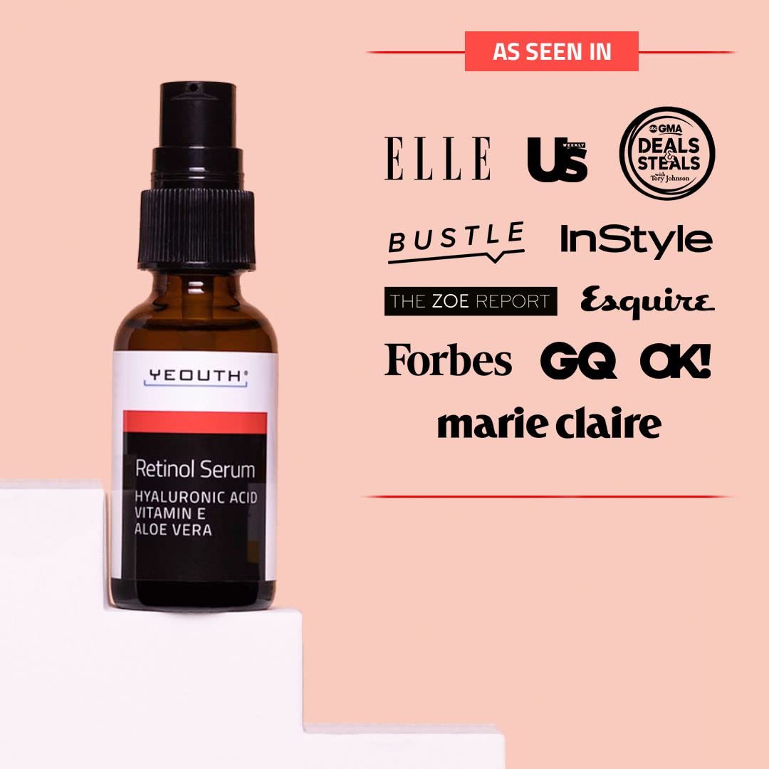 YEOUTH Retinol Serum en la mano, muestra vitamina E para uso nocturno.