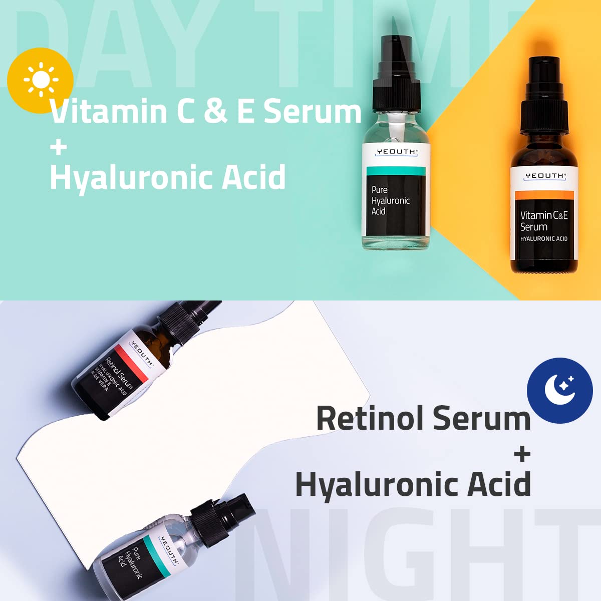 YEOUTH suero de retinol para uso nocturno; aplicación suave en rostro.