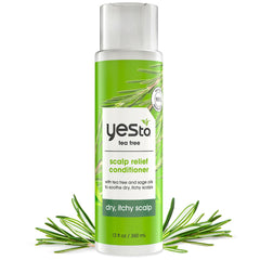 Yes To Tea Tree Scalp Relief Conditioner vertiendo la botella, calmar y refrescar el cuero cabelludo